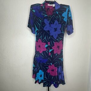 Vintage 80s  Liz Claiborne Floral 100% Silk Drop Waist Dress
